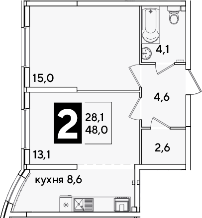 2-комн., 48 м², 1/16 этаж, ЖК «Самолет»