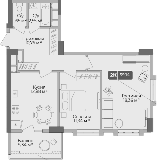 2-комн., 57.06 м², 2/17 этаж, ЖК «Золотой берег. СЗ Среда»