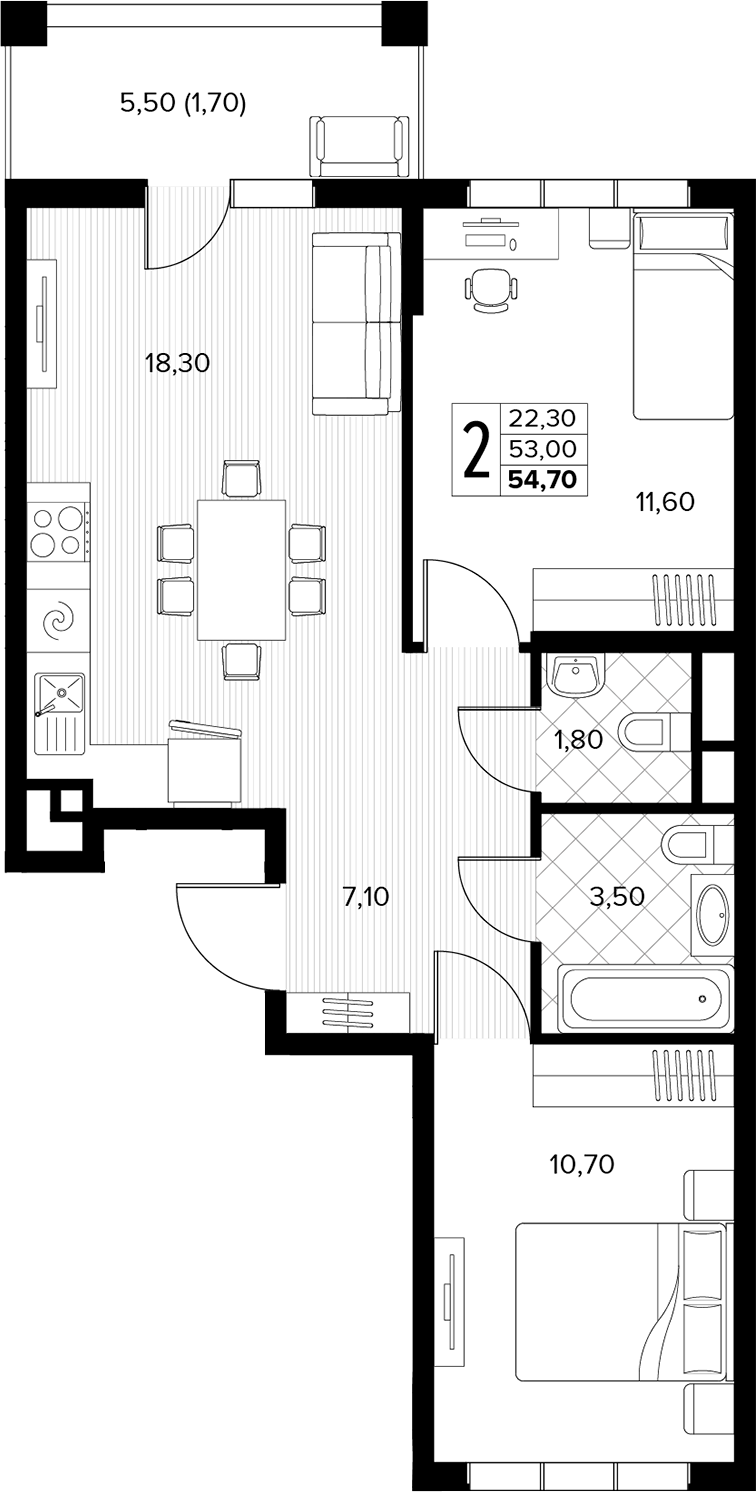 2-комн., 53 м², 8/8 этаж, ЖК «Кипарис»