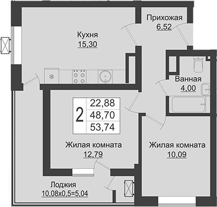 3-комн., 48.7 м², 9/16 этаж, ЖК «Зеленый театр»