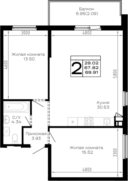 2-комн., 67.82 м², 3/4 этаж, ЖК «Усадьба Гостагаевская»