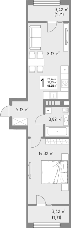 1-комн., 39.93 м², 9/15 этаж, ЖК «Коллекция»