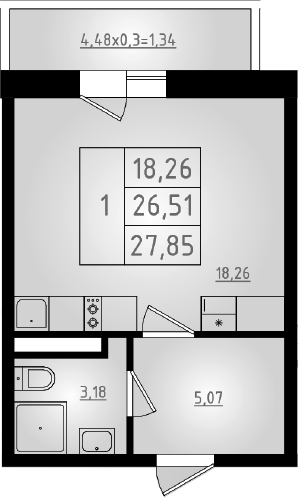 Студия, 26.51 м², 6/8 этаж, ЖК «Мега 2»