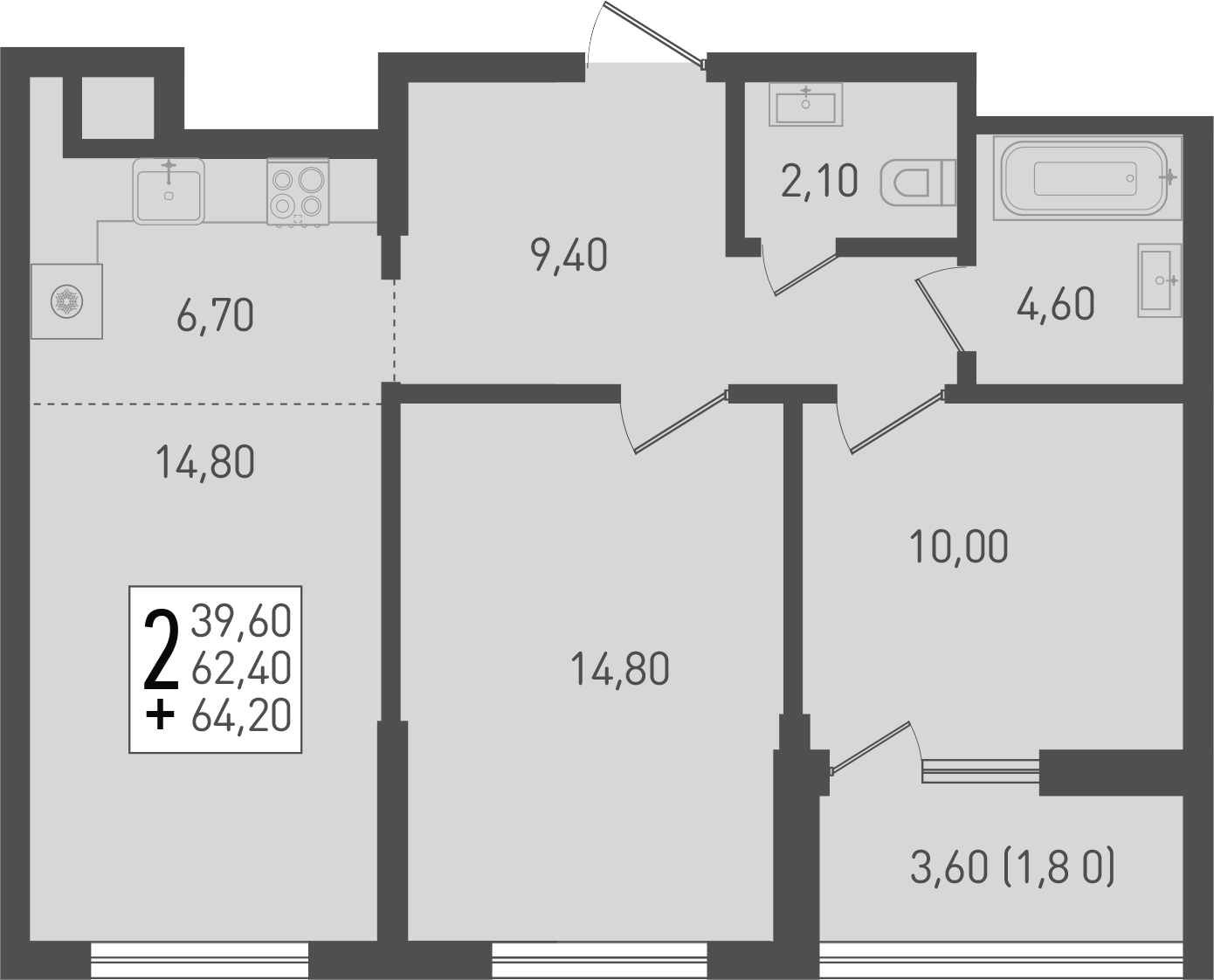 3-комн., 62.4 м², 5/8 этаж, ЖК «Югге»