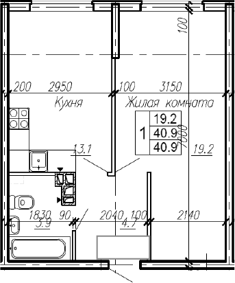 1-комн., 40.9 м², 1/4 этаж, ЖК «Эво»