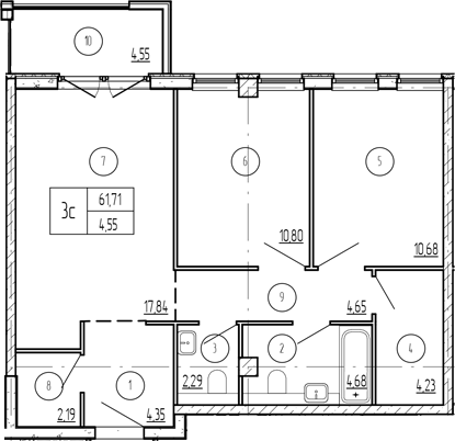 2-комн., 64.89 м², 6/9 этаж, ЖК «Лучи»