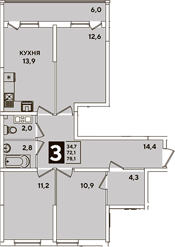 3-комн., 72.1 м², 3/16 этаж, ЖК «Самолет»