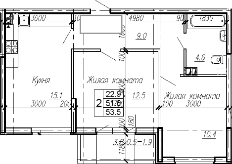 2-комн., 51.6 м², 3/4 этаж, ЖК «Эво»