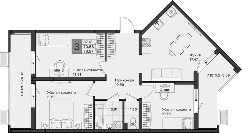 3-комн., 70.66 м², 2/8 этаж, ЖК «МОНО квартал»