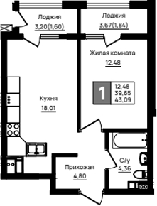 1-комн., 39.65 м², 4/18 этаж, ЖК «Резиденция морей»