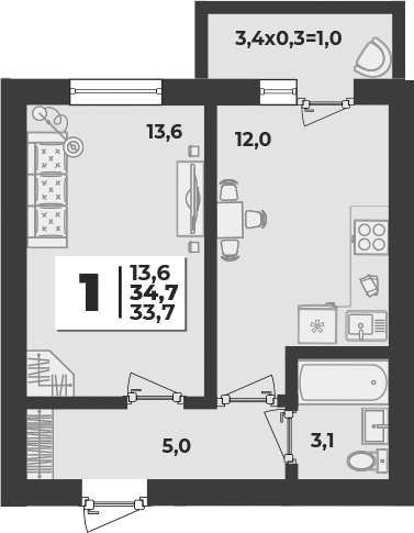 1-комн., 33.7 м², 4/5 этаж, ЖК «Дарград»