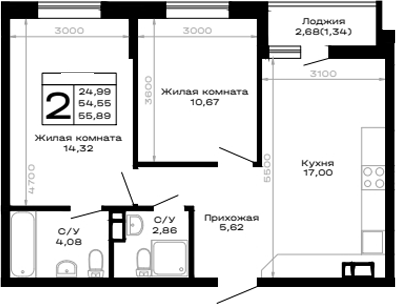 2-комн., 54.55 м², 16/16 этаж, ЖК «Горные высоты»