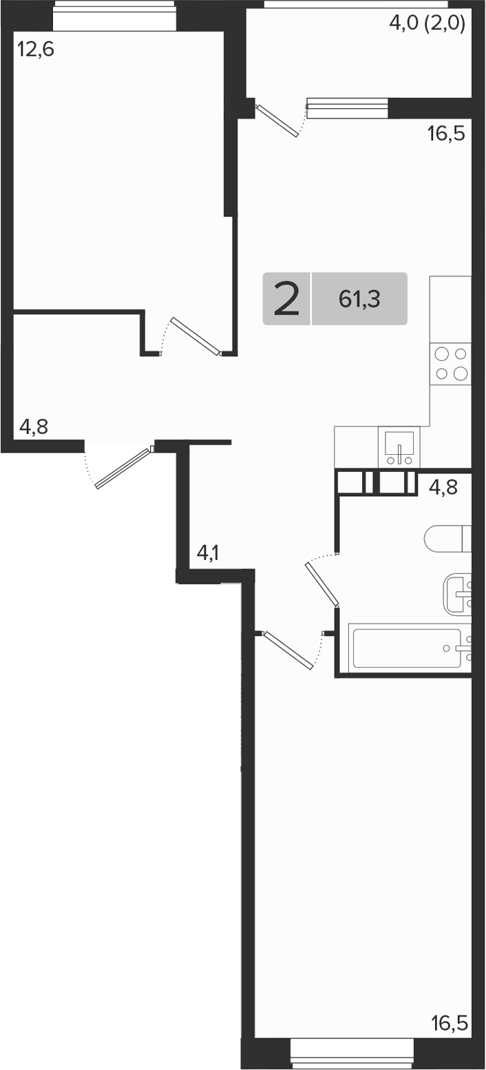 2-комн., 59.3 м², 6/9 этаж, ЖК «Эрмитаж»