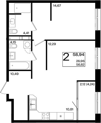 2-комн., 56.82 м², 4/18 этаж, ЖК «Патрики»