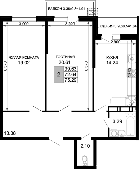 2-комн., 72.64 м², 10/17 этаж, ЖК «Дом на Московской»