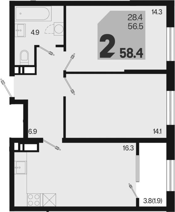 2-комн., 56.5 м², 11/18 этаж, ЖК «Первое место»