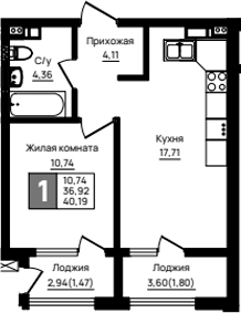 1-комн., 36.92 м², 5/18 этаж, ЖК «Резиденция морей»