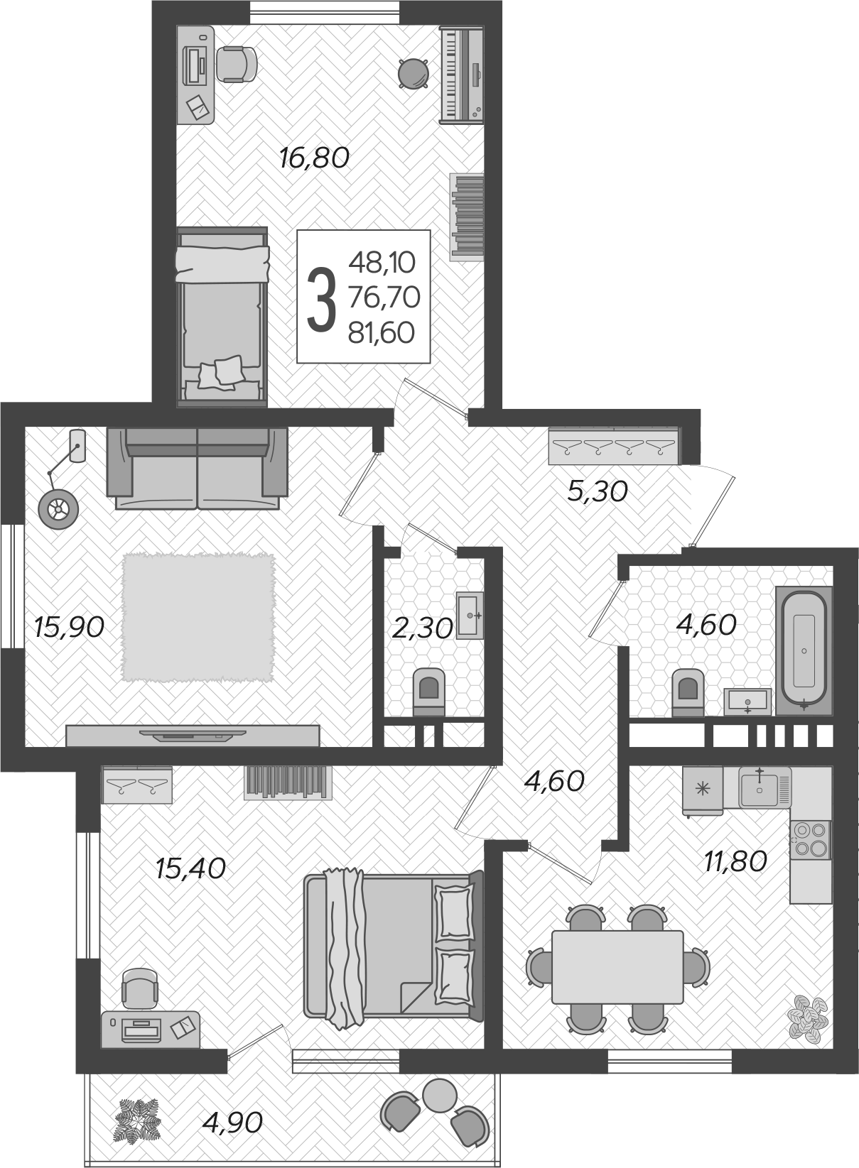 3-комн., 76.7 м², 2/10 этаж, ЖК «Горный квартал»