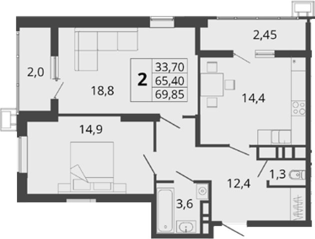 2-комн., 65.4 м², 4/18 этаж, ЖК «Родные Просторы»