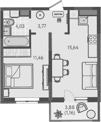 2-комн., 34.9 м², 5/9 этаж, ЖК «Теплые края»