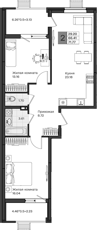 2-комн., 66.41 м², 4/8 этаж, ЖК «МОНО квартал»