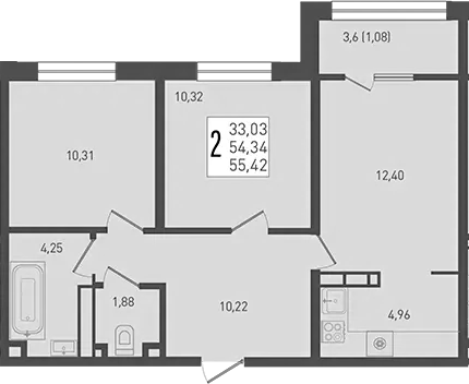 3-комн., 54.34 м², 6/9 этаж, ЖК «Югге»