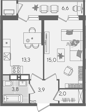 1-комн., 38 м², 23/24 этаж, ЖК «Рекорд»