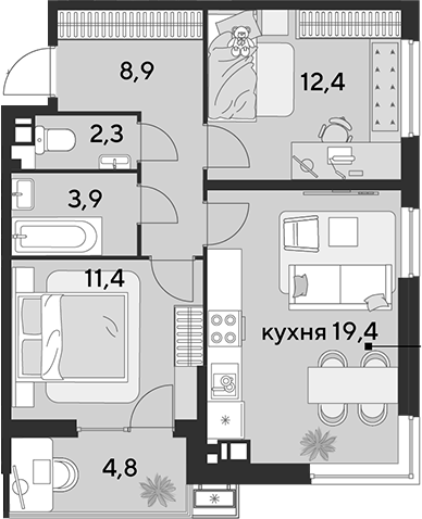 3-комн., 58.3 м², 7/18 этаж, ЖК «Парк Победы»