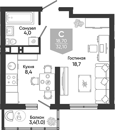 1-комн., 31.1 м², 2/24 этаж, ЖК «Облака»