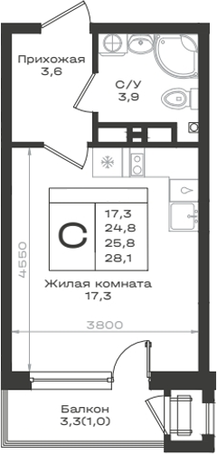 Студия, 24.8 м², 12/12 этаж, ЖК «Нагория»