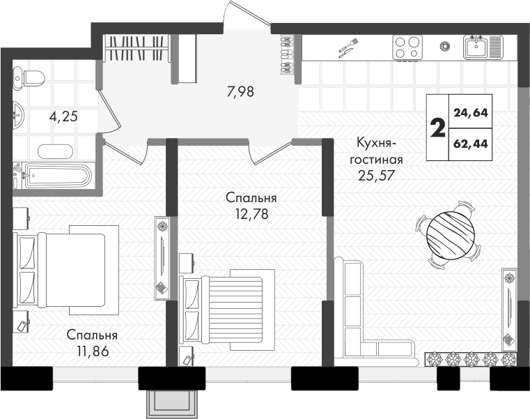 3-комн., 62.44 м², 9/9 этаж, ЖК «Зеленая территория»
