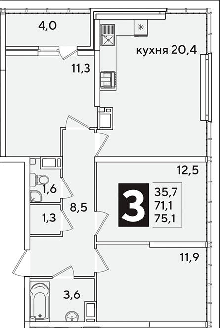 4+ комнаты, 71.1 м², 16/16 этаж, ЖК «Самолет»
