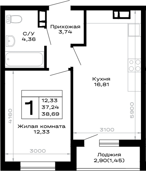 1-комн., 37.24 м², 2/14 этаж, ЖК «Горные высоты»