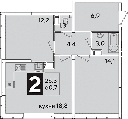 3-комн., 60.7 м², 15/16 этаж, ЖК «Самолет»