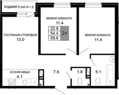 3-комн., 54.4 м², 15/16 этаж, ЖК «Дыхание»