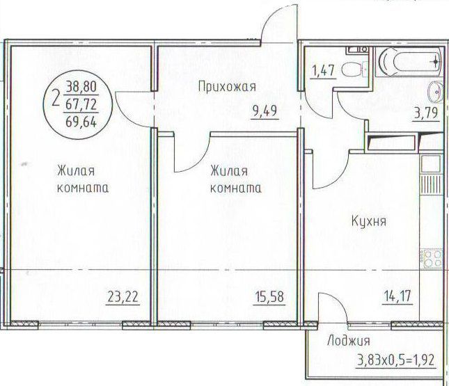 2-комн., 67.72 м², 1/9 этаж, ЖК «Солнечный»