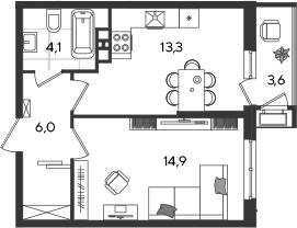 1-комн., 38.3 м², 6/24 этаж, ЖК «Рекорд»