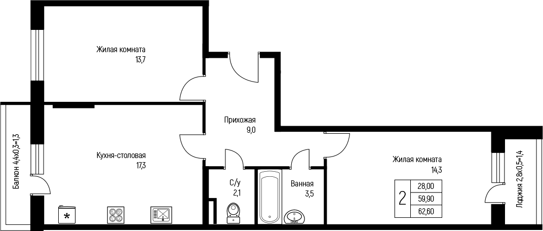 2-комн., 59.9 м², 2/3 этаж, ЖК «Nova Vita»