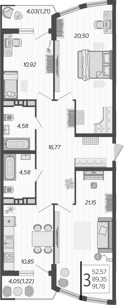 3-комн., 89.35 м², 10/21 этаж, ЖК «Режиссер»