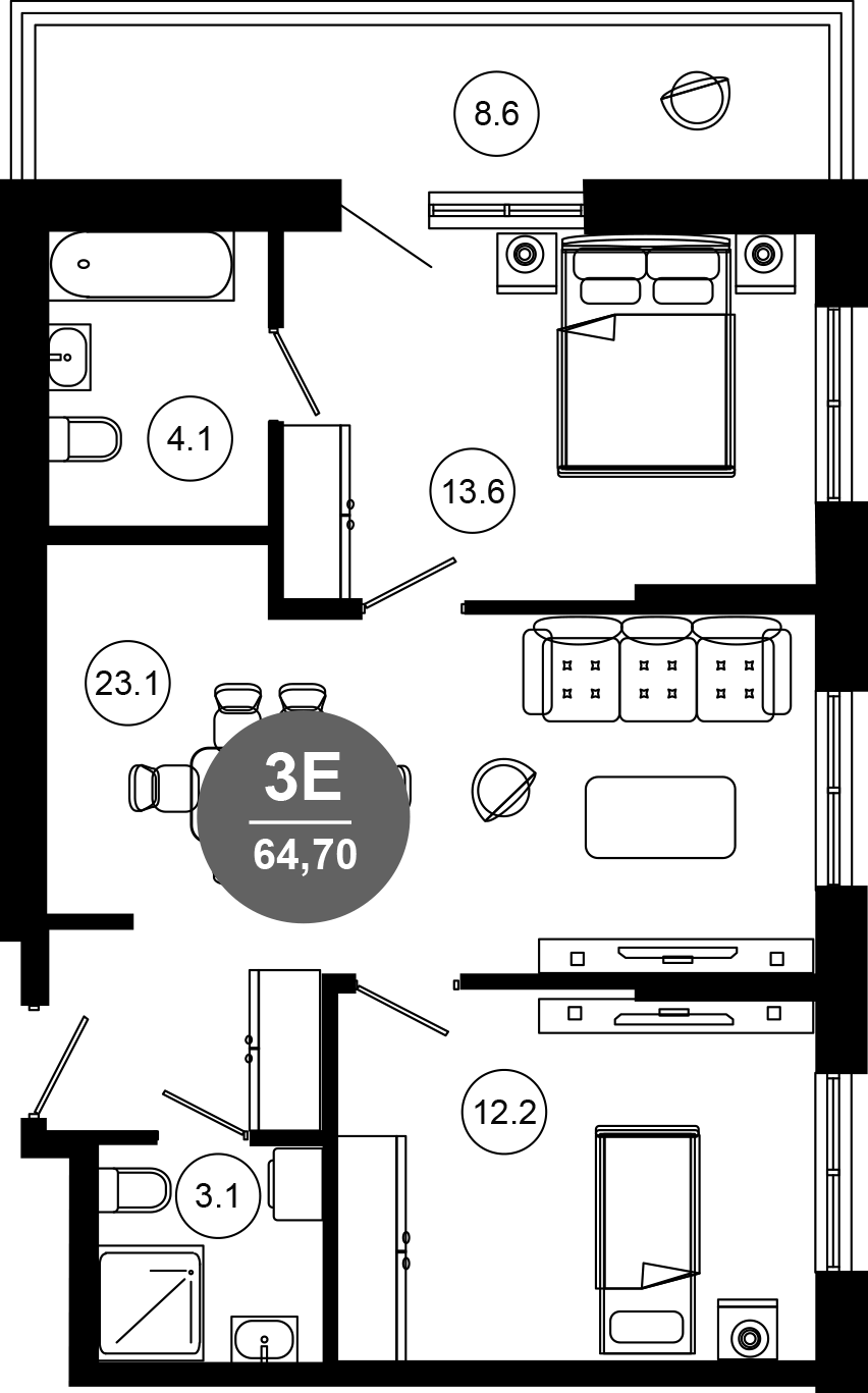 3-комн., 56.1 м², 6/10 этаж, ЖК «Гостиничный комплекс GREENMONT»