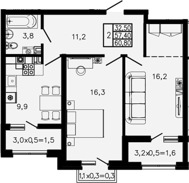 2-комн., 57.4 м², 2/4 этаж, ЖК «Экосфера»