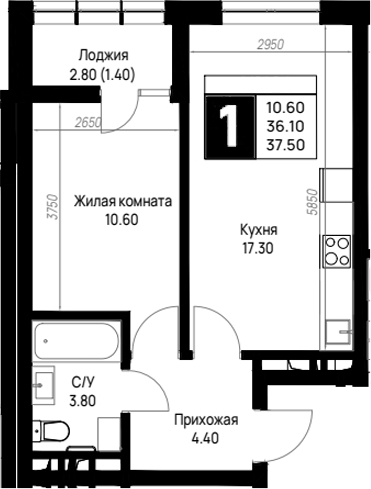1-комн., 36.1 м², 3/9 этаж, ЖК «На высоком берегу»