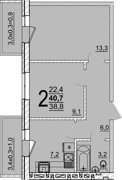 2-комн., 38.8 м², 4/5 этаж, ЖК «Дарград»