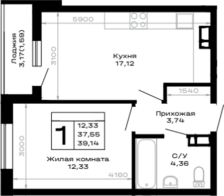 1-комн., 37.55 м², 11/14 этаж, ЖК «Горные высоты»