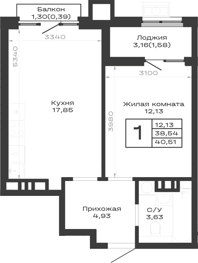 1-комн., 38.54 м², 6/9 этаж, ЖК «Суворов. ГК Во-первых»