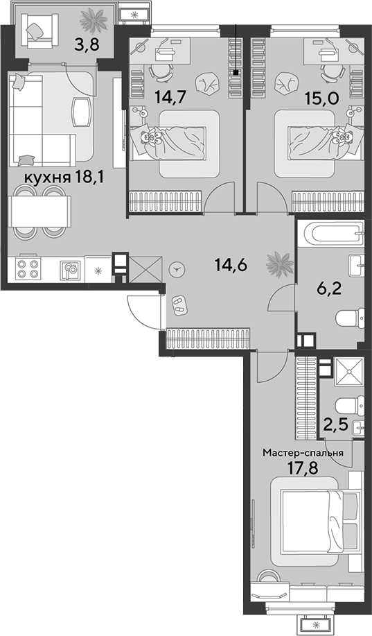 4+ комнаты, 88.9 м², 6/9 этаж, ЖК «Парк Победы»