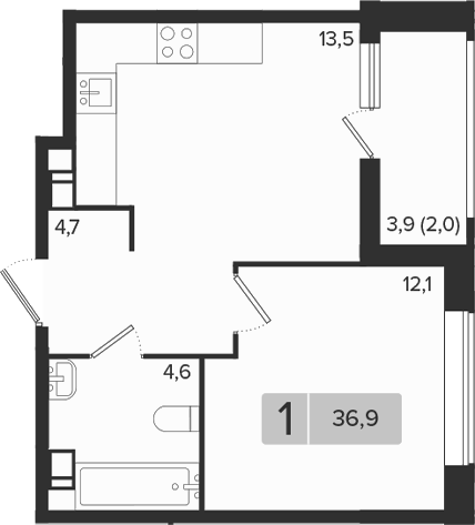1-комн., 34.9 м², 3/9 этаж, ЖК «Эрмитаж»