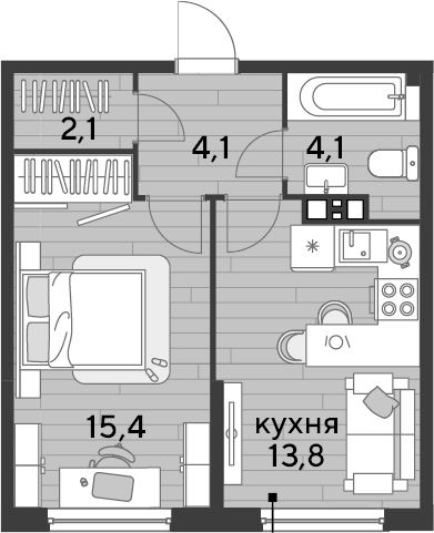 1-комн., 39.5 м², 9/16 этаж, ЖК «DОГМА ПАРК»