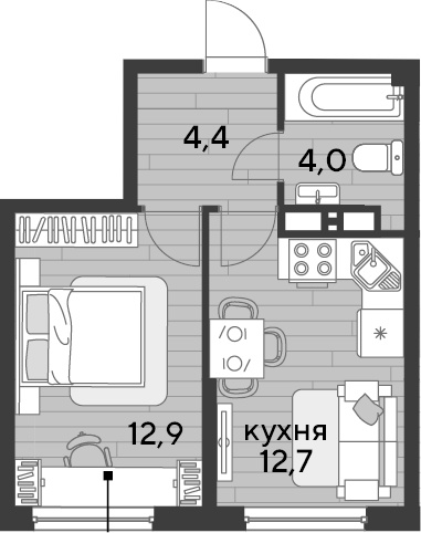 1-комн., 34 м², 12/19 этаж, ЖК «DОГМА ПАРК»
