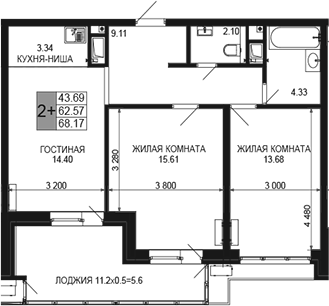 3-комн., 62.57 м², 15/16 этаж, ЖК «Сегодня»